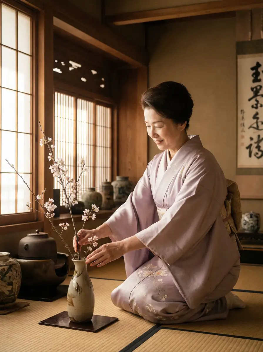 一位优雅的 女性向silk 在和室中插花